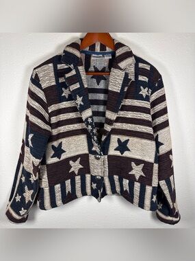 American Flag Tapestry Jacket Blazer Vintage M Silver Buttons Patriotic Boho
